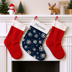 Personalised Navy Blue and white Snowflake  Large Christmas Stocking