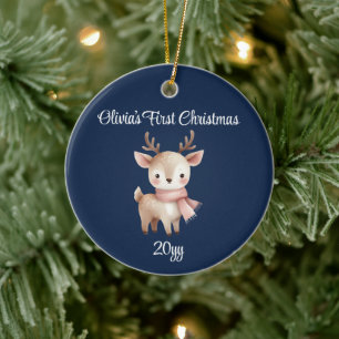 Personalised Navy Blue Baby Girl First Christmas Ceramic Ornament