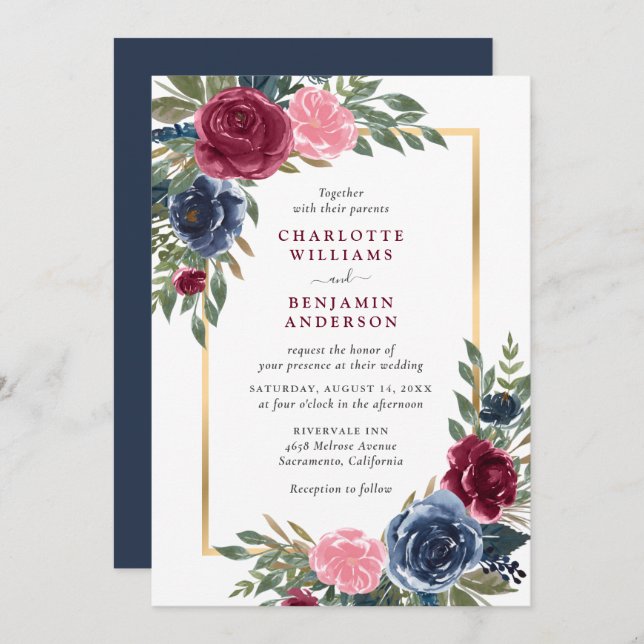 Personalised Navy Blue Burgundy Gold Floral Invitation (Front/Back)