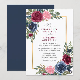 Personalised Navy Blue Burgundy Gold Floral Invitation