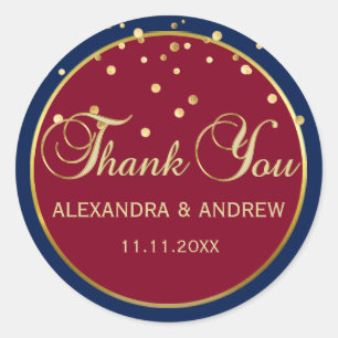 Personalised NAVY BLUE & BURGUNDY Gold Wedding Classic Round Sticker