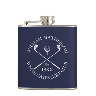 Personalised Navy Blue Classic Golf Club Name Hip Flask