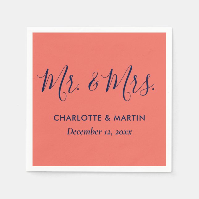 Personalised Navy Blue Coral Mr. and Mrs. Wedding Napkin (Front)