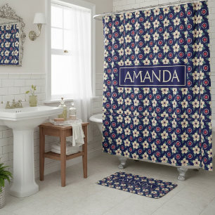 Personalised Navy Blue Floral Bathroom Shower Curtain
