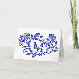 Personalised Navy Blue Floral Monogram M Card