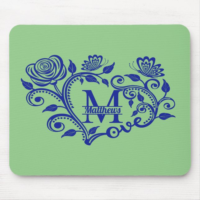 Personalised Navy Blue Floral Monogram M Mouse Pad (Front)