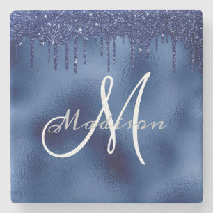 Personalised Navy Blue Glitter Monogram Custom Stone Coaster