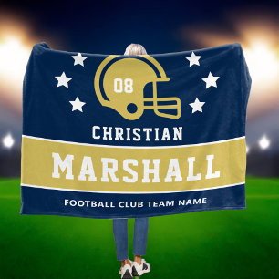 Personalised Navy Blue Gold Football Player Name Fleece Blanket
