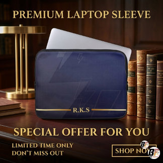 Personalised Navy Blue & Gold Lightning Monogram  Laptop Sleeve