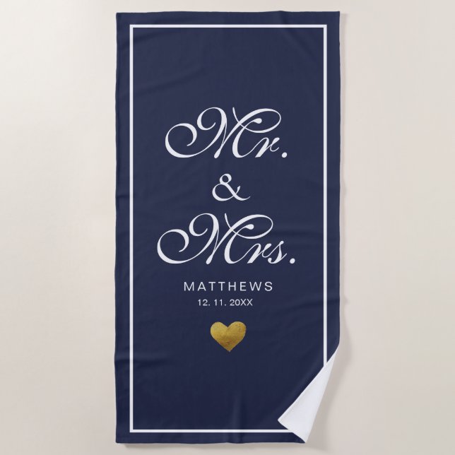 Personalised navy blue gold love Heart mr and mrs Beach Towel (Front)
