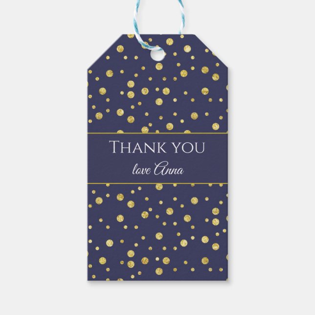 Personalised Navy Blue Gold Polka Dots Gift Tag (Front)