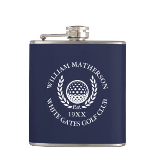 Personalised Navy Blue Golf Club Name Hip Flask