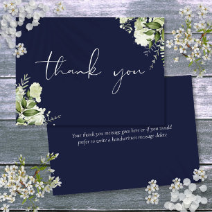 Personalised Navy Blue Greenery Elegant Script Thank You Card