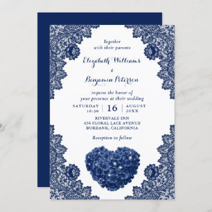 Personalised Navy Blue Lace Hydrangea Wedding Invitation