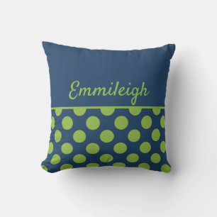 Personalised Navy Blue Lime Green Polka Dots Cushion