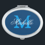 Personalised navy blue monogram compact mirror<br><div class="desc">Personalised name monogram makeup compact mirror. Custom oval compact mirror with elegant script typography and vintage monogram name initial letter. Cute girly gift idea for women and teen girls. Also makes an elegant bridal shower or wedding favour for classy bride, bridesmaids, maid of honour, guests etc. Customisable background colour. ie...</div>