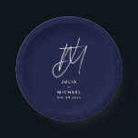Personalised Navy Blue Monogram Wedding Paper Plate<br><div class="desc">Add a personal touch to your wedding celebration with these navy blue paper plates featuring a large brush script monogram with two initials,  and the couple's name and wedding date below in elegant sans serif font. Perfect for serving snacks,  desserts,  and other treats to your guests.</div>