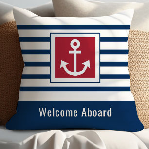 Personalised Navy Blue Nautical Stripes Anchor Cushion