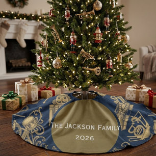 Personalised Navy Blue Nutcracker family name  Faux Linen Tree Skirt
