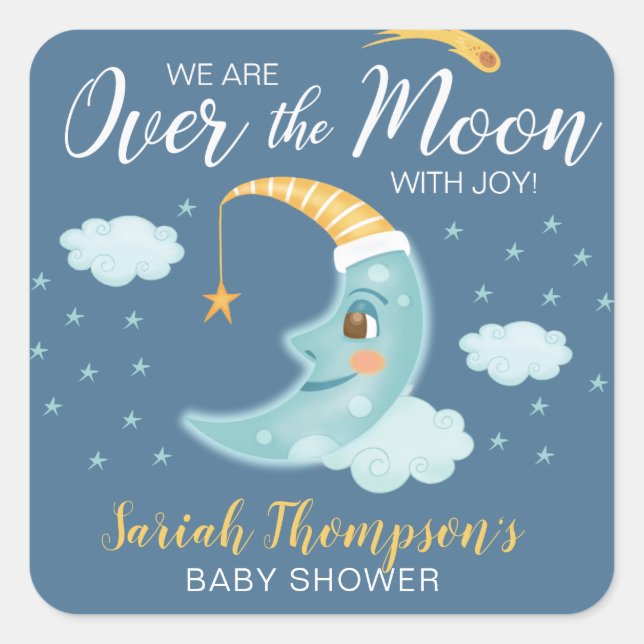 Personalised Navy Blue Over the Moon Square Sticker (Front)