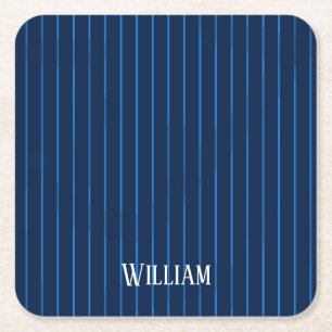 Personalised navy blue pinstripes square paper coaster
