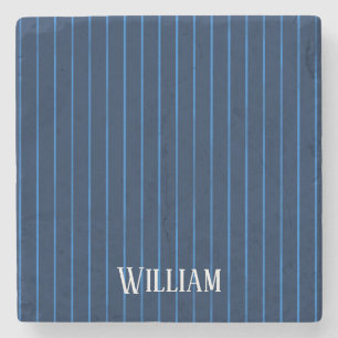Personalised navy blue pinstripes stone coaster