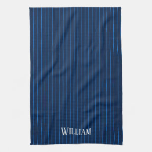 Personalised navy blue pinstripes tea towel