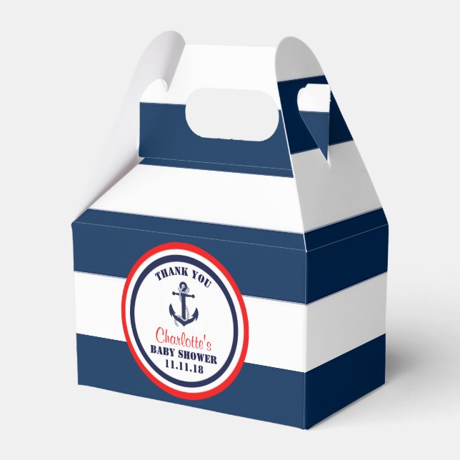 Personalised Navy Blue Red Nautical Baby Shower Favour Box (Front Side)