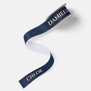 Personalised Navy Blue Ribbon with Gold Name Text Satin Ribbon