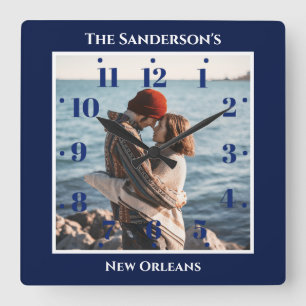 Personalised Navy Blue Square Top Bottom Texts Wall Clock