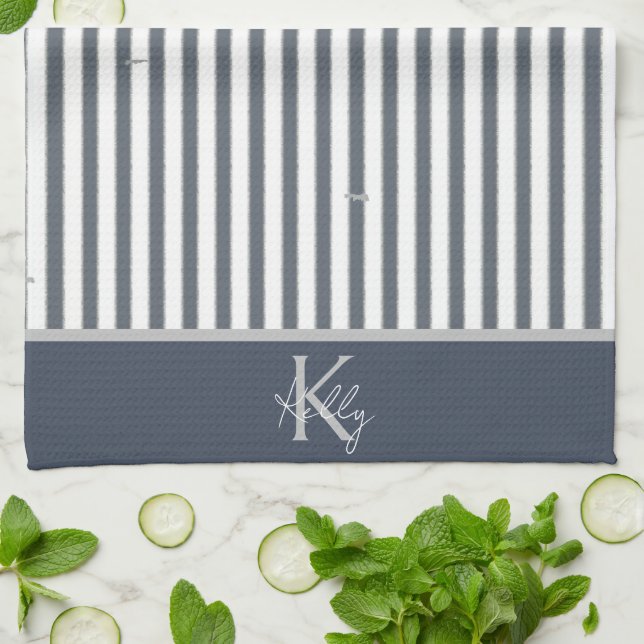 Personalised Navy Blue Striped Kitchen Towels (Folded)