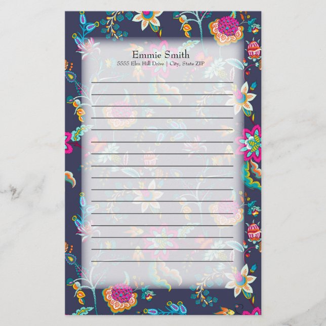 Personalised Navy Blue w/ Purple and Gold Floral Stationery (Front)