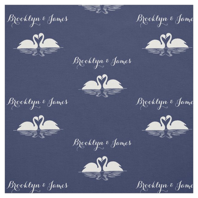 Personalised Navy Blue Wedding Fabric With Swans (Swatch)