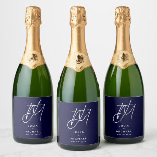 Personalised Navy Blue Wedding Monogram Sparkling Wine Label