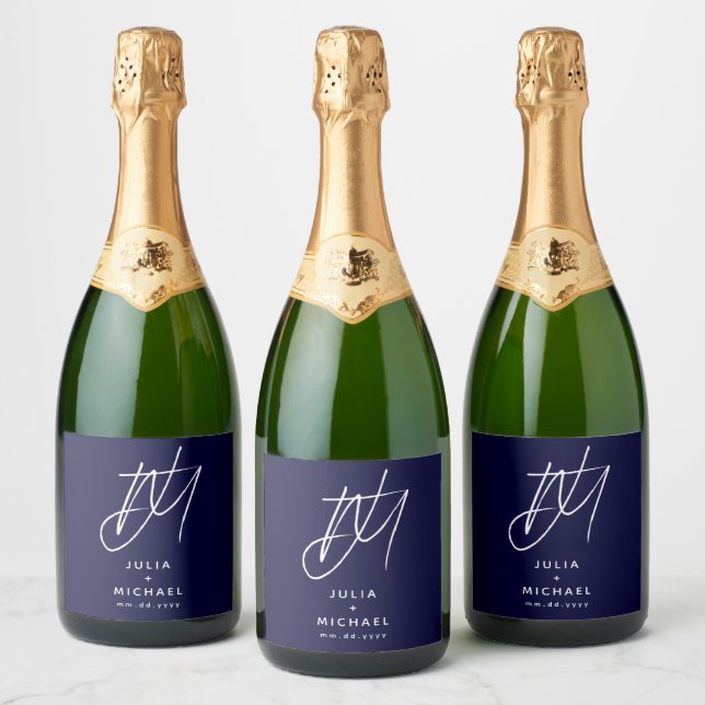 Personalised Navy Blue Wedding Monogram Sparkling Wine Label (Bottles)