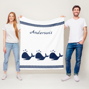 Personalised Navy Blue Whale Kids Fleece Blanket