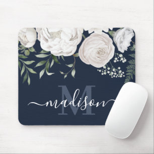 Personalised Navy Blue White Floral Name Monogram Mouse Pad