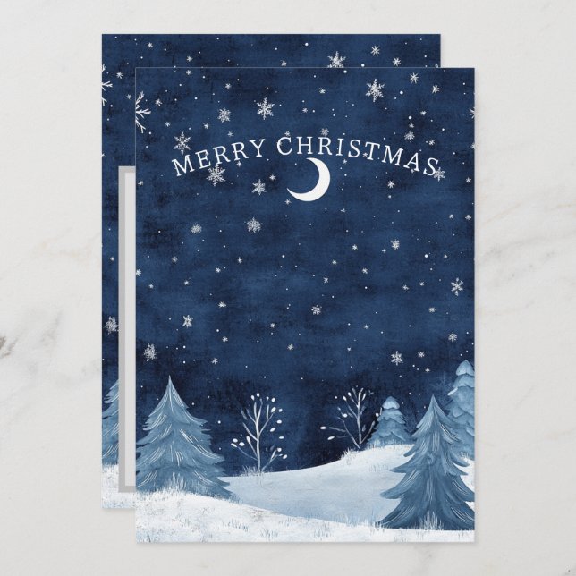 Personalised Navy Blue Winter Midnight Christmas  Holiday Card (Front/Back)
