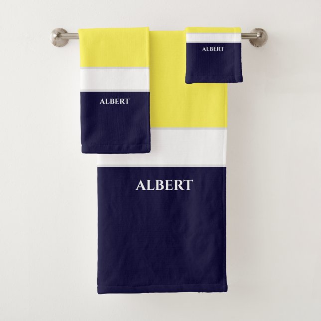 Personalised Navy Blue Yellow Bath Towel Set (Insitu)
