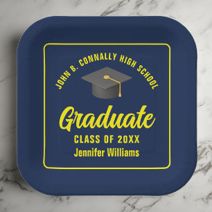 Personalised Navy Blue Yellow Graduation Party Paper Plate