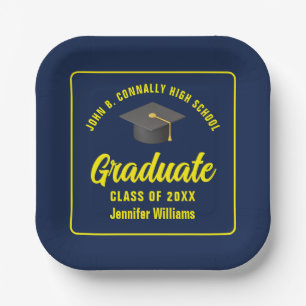 Personalised Navy Blue Yellow Graduation Party Paper Plate
