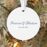 Personalised navy Custom Couple Name Christmas Ornament<br><div class="desc">Personalised Custom Couple Name and Date Wedding or Christmas Ornament.
Elegant,  classic,  minimalist design.
Navy blue and white</div>