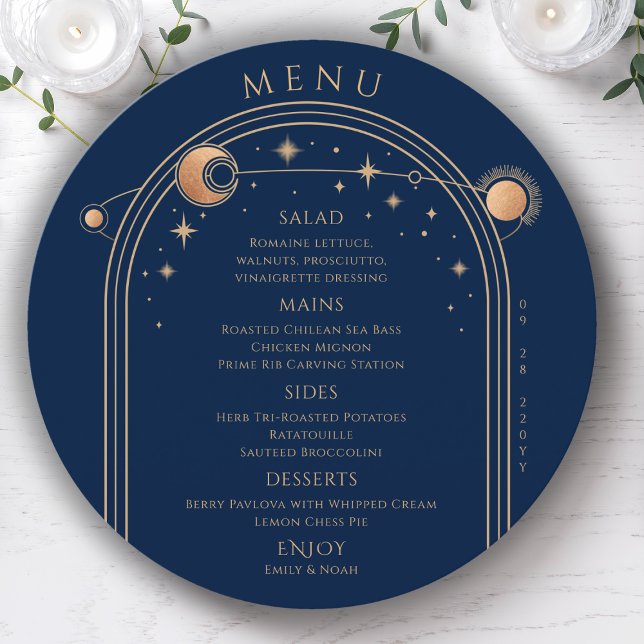 Personalised Navy Gold Celestial Wedding Menu (Creator Uploaded)