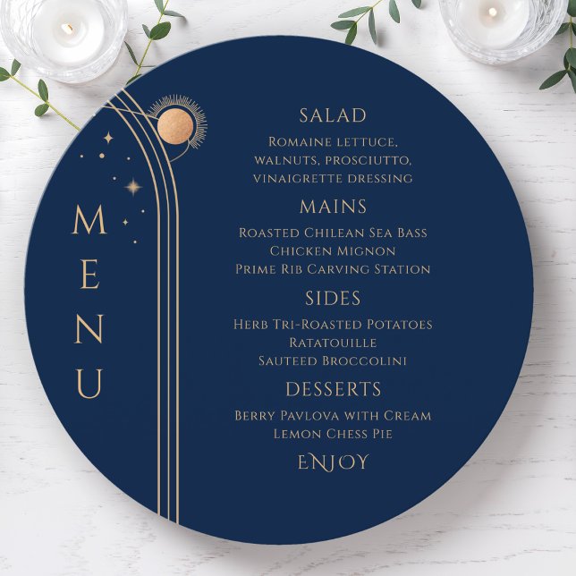Personalised Navy Gold Celestial Wedding Menu (Creator Uploaded)