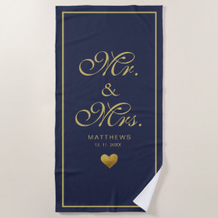 Personalised navy gold love Heart mr and mrs Beach Towel