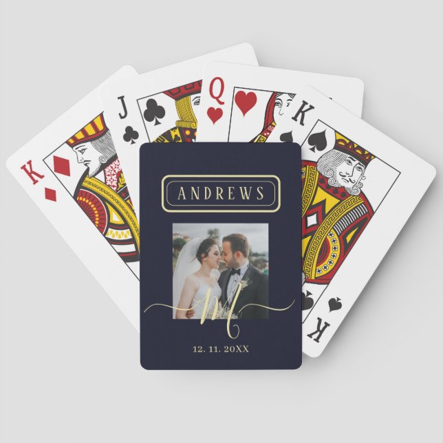 Personalised Navy & Gold Photo Signature Wedding Playing Cards (Back)