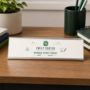 Personalised Navy Green Science School Cover Desk Name Plate