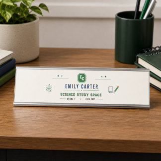 Personalised Navy Green Science School Cover Desk Name Plate
