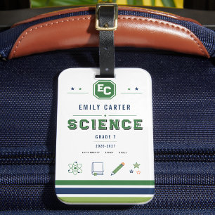 Personalised Navy Green Science School Cover Luggage Tag