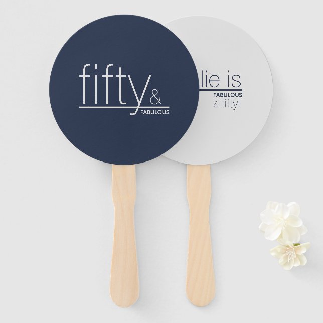 Personalised Navy Grey fifty & FABULOUS Reversible Hand Fan (Front and Back)